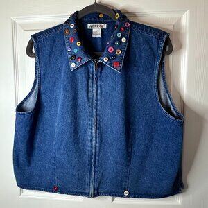 Vintage 90s Women XL Cotton Zip Up Denim Vest DIY Multicolor Button Embellished
